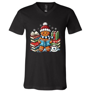 Gingerbread Reading Book Lovers Christmas Bookworm Librarian V-Neck T-Shirt