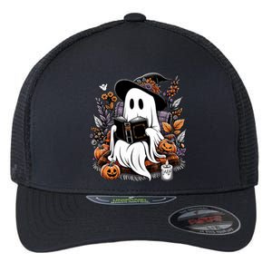 Ghost Reading Books Pumpkin Halloween Flexfit Unipanel Trucker Cap