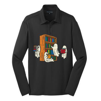 Ghosts Reading Books Teacher Halloween Librarian Boooks Silk Touch Performance Long Sleeve Polo