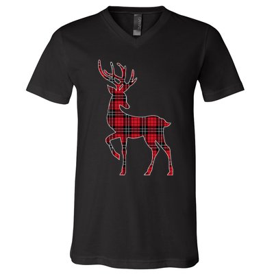 Green Red Buffalo Plaid Deer Reindeer Head Christmas V-Neck T-Shirt