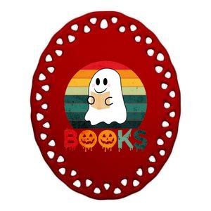 Ghost Reading Books Halloween Design Cute Gift Ceramic Oval Ornament