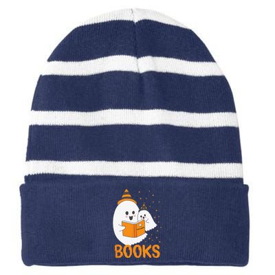 Ghost Reading Books Halloween Striped Beanie with Solid Band