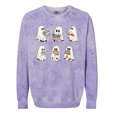 Ghost Reading Books Bookish Halloween Teacher Colorblast Crewneck Sweatshirt