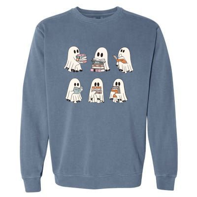 Ghost Reading Books Bookish Halloween Teacher Garment-Dyed Sweatshirt