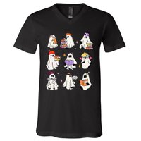 Ghost Reading Book Cute Teacher Halloween Ghost Book Lover V-Neck T-Shirt