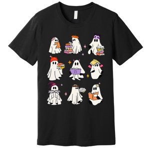 Ghost Reading Book Cute Teacher Halloween Ghost Book Lover Premium T-Shirt