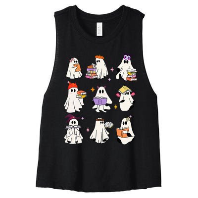 Ghost Reading Book Cute Teacher Halloween Ghost Book Lover Women's Racerback Cropped Tank