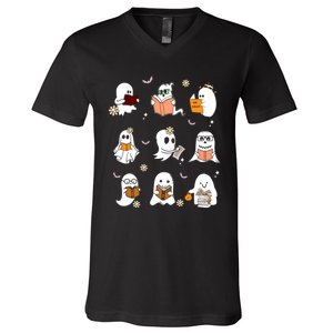 Ghost Reading Book Cute Teacher Halloween Ghost Book Lover V-Neck T-Shirt