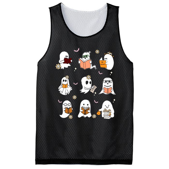 Ghost Reading Book Cute Teacher Halloween Ghost Book Lover Mesh Reversible Basketball Jersey Tank