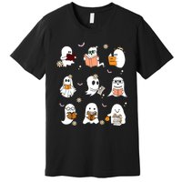 Ghost Reading Book Cute Teacher Halloween Ghost Book Lover Premium T-Shirt