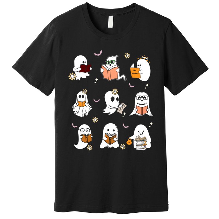 Ghost Reading Book Cute Teacher Halloween Ghost Book Lover Premium T-Shirt