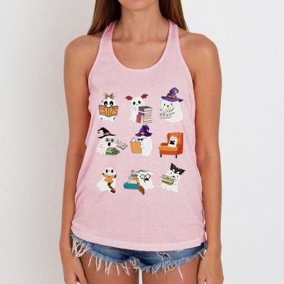 Ghosts Reading Books Teacher Halloween Librarian Cute Boooks Cool Gift Women's Knotted Racerback Tank