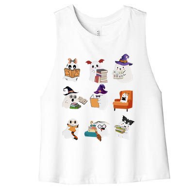 Ghosts Reading Books Teacher Halloween Librarian Cute Boooks Cool Gift Women's Racerback Cropped Tank