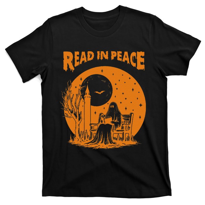 Ghost Reading Book Read In Peace Spooky Teacher Halloween T-Shirt