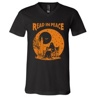 Ghost Reading Book Read In Peace Spooky Teacher Halloween V-Neck T-Shirt