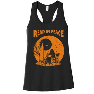 Ghost Reading Book Read In Peace Spooky Teacher Halloween Women's Racerback Tank