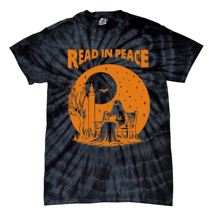 Ghost Reading Book Read In Peace Spooky Teacher Halloween Tie-Dye T-Shirt