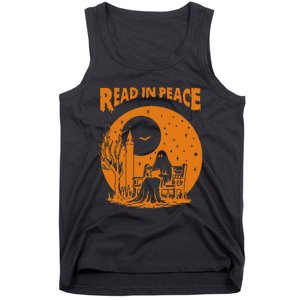 Ghost Reading Book Read In Peace Spooky Teacher Halloween Tank Top