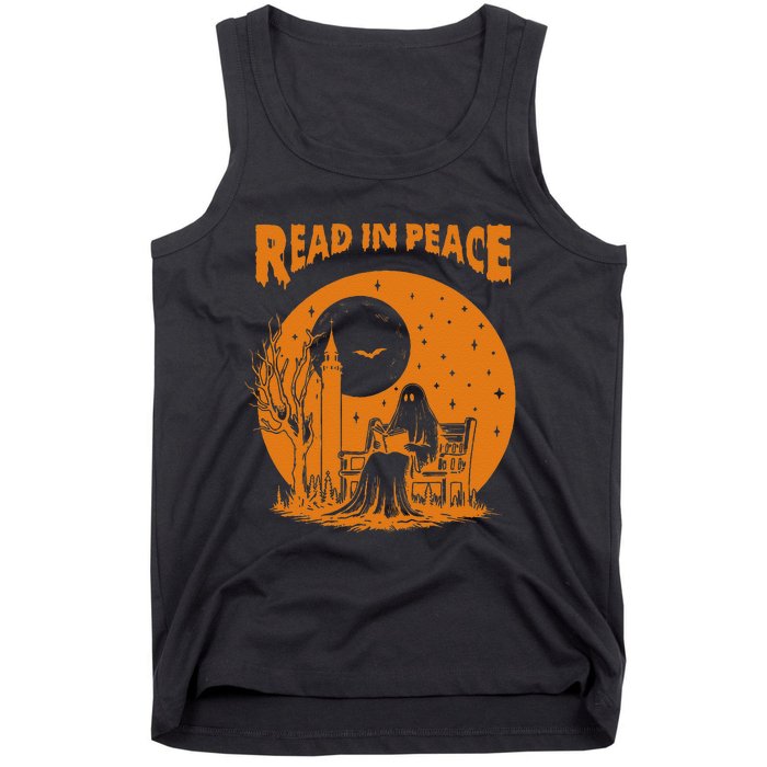 Ghost Reading Book Read In Peace Spooky Teacher Halloween Tank Top