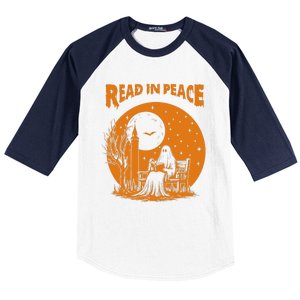 Ghost Reading Book Read In Peace Spooky Teacher Halloween Baseball Sleeve Shirt