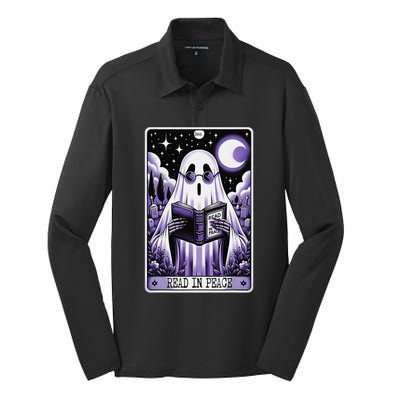 Ghost Reading Book Tarot Card Read In Peace Halloween Silk Touch Performance Long Sleeve Polo