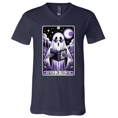 Ghost Reading Book Tarot Card Read In Peace Halloween V-Neck T-Shirt