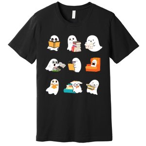 Ghost Reading Book Cute Teacher Halloween Ghost Book Lover Premium T-Shirt