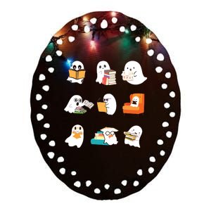 Ghost Reading Book Cute Teacher Halloween Ghost Book Lover Ceramic Oval Ornament