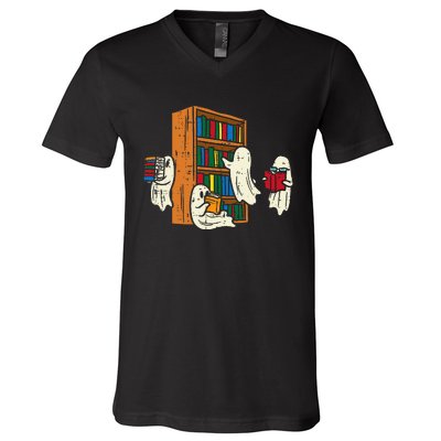 Ghosts Reading Books Teacher Halloween Librarian Boooks V-Neck T-Shirt