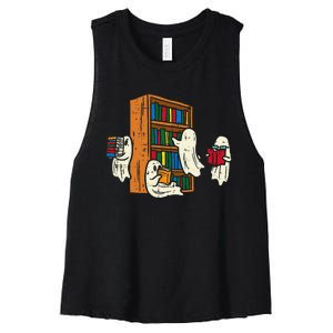 Ghosts Reading Books Teacher Halloween Librarian Boooks Women's Racerback Cropped Tank