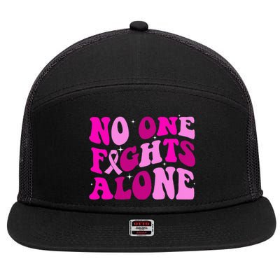 Groovy Retro Breast Cancer Awareness No One Fight Alone 7 Panel Mesh Trucker Snapback Hat