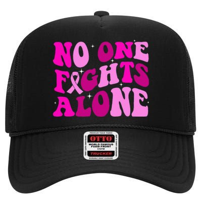 Groovy Retro Breast Cancer Awareness No One Fight Alone High Crown Mesh Back Trucker Hat