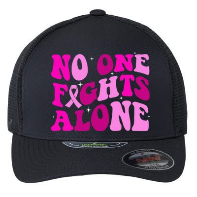 Groovy Retro Breast Cancer Awareness No One Fight Alone Flexfit Unipanel Trucker Cap