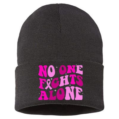 Groovy Retro Breast Cancer Awareness No One Fight Alone Sustainable Knit Beanie