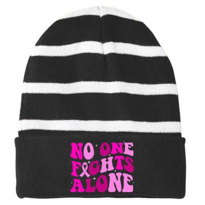 Groovy Retro Breast Cancer Awareness No One Fight Alone Striped Beanie with Solid Band