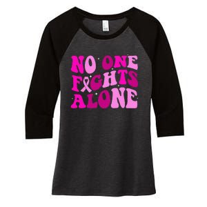 Groovy Retro Breast Cancer Awareness No One Fight Alone Women's Tri-Blend 3/4-Sleeve Raglan Shirt