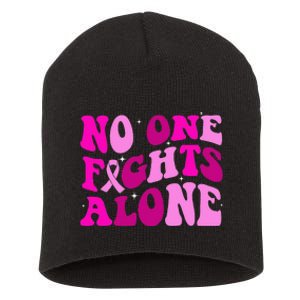 Groovy Retro Breast Cancer Awareness No One Fight Alone Short Acrylic Beanie