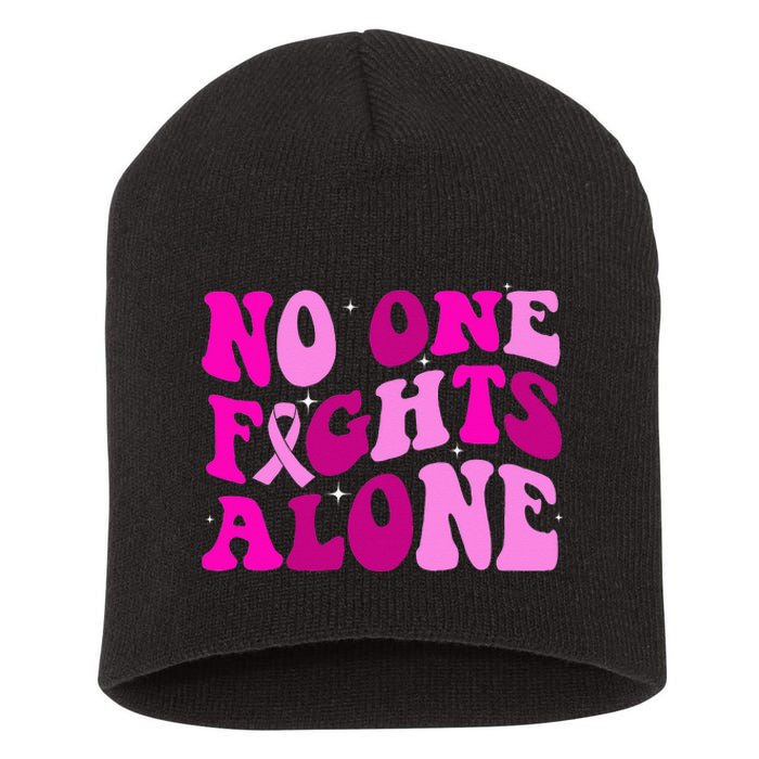 Groovy Retro Breast Cancer Awareness No One Fight Alone Short Acrylic Beanie