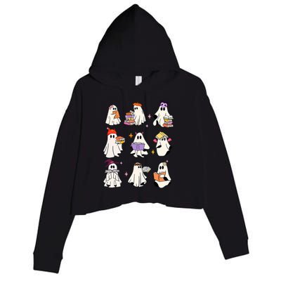 Ghost Reading Book Cute Teacher Halloween Ghost Book Lover Crop Fleece Hoodie