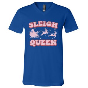 Groovy Retro Christmas Santa And Reindeer Sleigh Queen Gift V-Neck T-Shirt