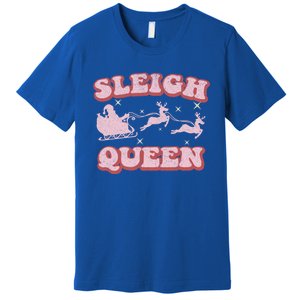 Groovy Retro Christmas Santa And Reindeer Sleigh Queen Gift Premium T-Shirt