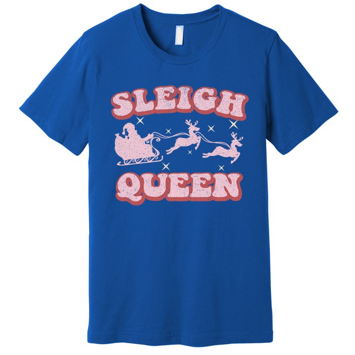 Groovy Retro Christmas Santa And Reindeer Sleigh Queen Gift Premium T-Shirt