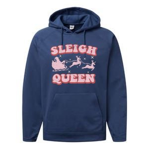 Groovy Retro Christmas Santa And Reindeer Sleigh Queen Gift Performance Fleece Hoodie