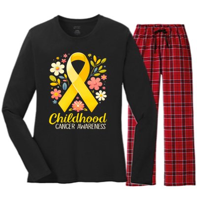 Gold Ribbon Childhood Cancer Awareness Women's Long Sleeve Flannel Pajama Set 