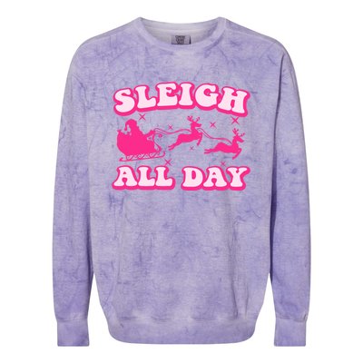 Groovy Retro Christmas Pink Santa Reindeer Sleigh All Day Gift Colorblast Crewneck Sweatshirt