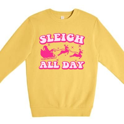 Groovy Retro Christmas Pink Santa Reindeer Sleigh All Day Gift Premium Crewneck Sweatshirt