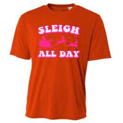 Groovy Retro Christmas Pink Santa Reindeer Sleigh All Day Gift Cooling Performance Crew T-Shirt