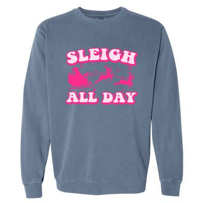 Groovy Retro Christmas Pink Santa Reindeer Sleigh All Day Gift Garment-Dyed Sweatshirt