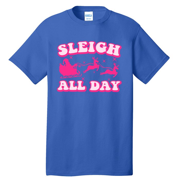 Groovy Retro Christmas Pink Santa Reindeer Sleigh All Day Gift Tall T-Shirt