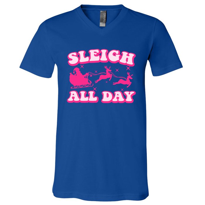 Groovy Retro Christmas Pink Santa Reindeer Sleigh All Day Gift V-Neck T-Shirt